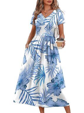 Women's Blue White Floral Flowy Casual A Line Midi Beach Sundresses With Pocket